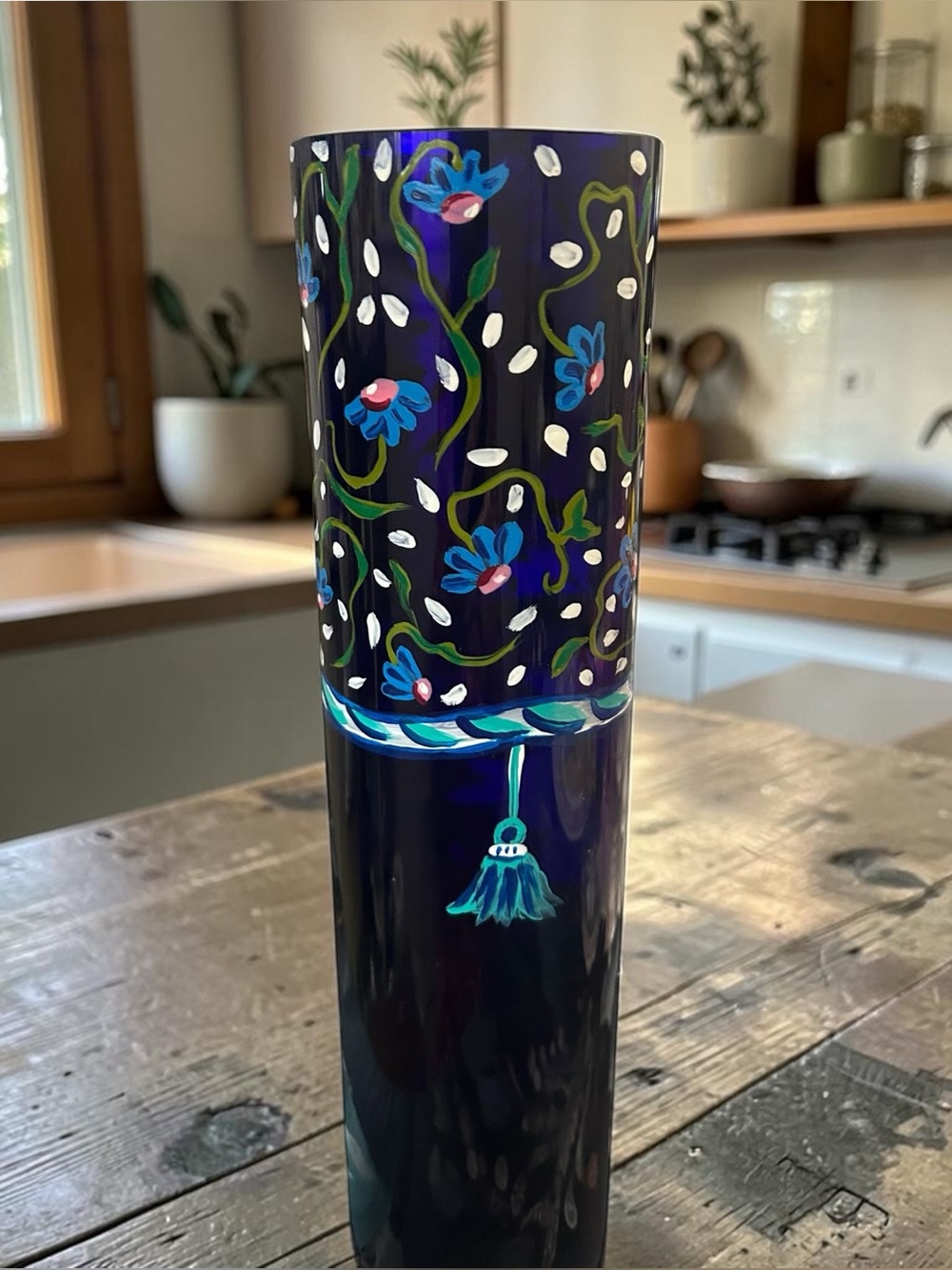 Bohemian hand-painted cobalt blue glass cylinder vase. Signed